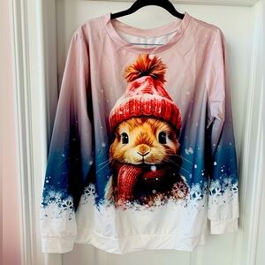 NEW CREW NECK LONG SLEEVE TOP W/CUTEST BUNNY W/RED HAT & SCARF SIZE LARGE